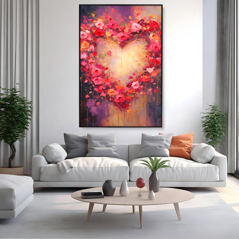 Tablou canvas cu tablou canvas cu inima din trandafiri, in rama de aluminiu negru, pe perete intr-un living